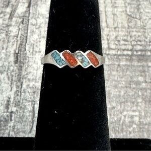 Vintage Navajo Sterling Silver Turquoise Coral Chip Inlay Zigzag Ring Sz 4.75